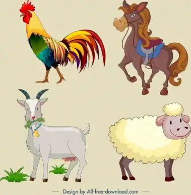 farm animal icons colored cartoon design