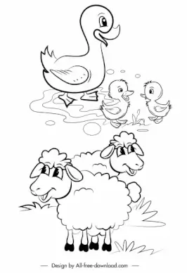 farm animals icons ducks sheep sketch handdrawn cartoon