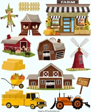 farm design elements classical colored icons