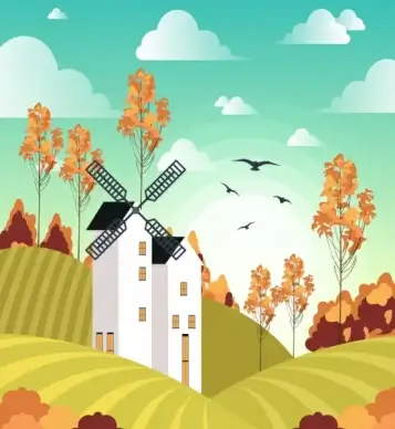 farm landscape drawing windmill field icons colored cartoon