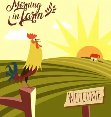 farming background cock sun field icons decoration