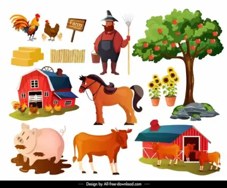 farming design elements cattle poultry farmer sketch
