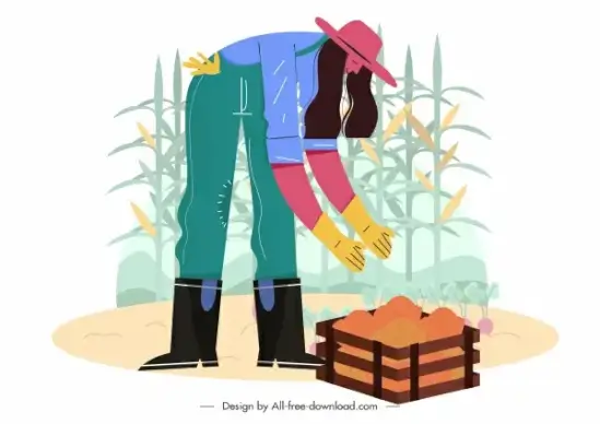 farming harvest painting cartoon design woman corn sketch