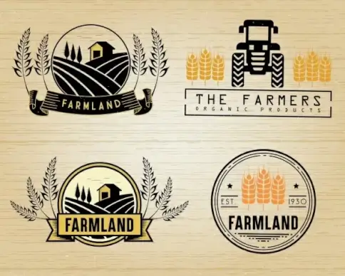 farming logotypes retro design barley field machine icons