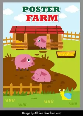 farming poster joyful pigs sketch cute cartoon design