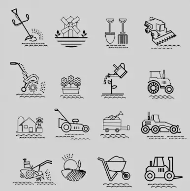 farming tools icons illustration in black and white