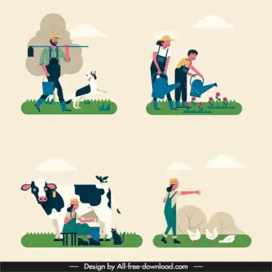 farming work icons classical design cartoon characters sketch
