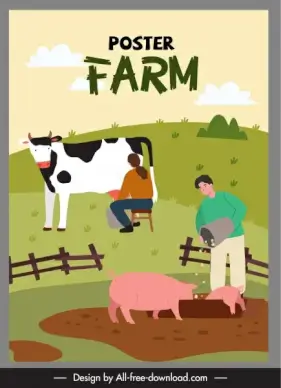 farming work poster cattle farmers sketch cartoon design