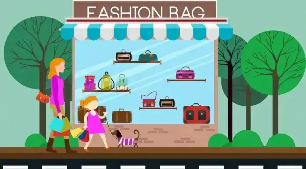 fashion bag store facade design colored cartoon