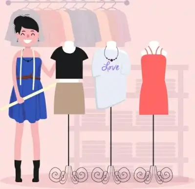 fashion designer job background female clothes display colored cartoon