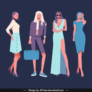 fashion models icons modern costumes colored cartoon characters