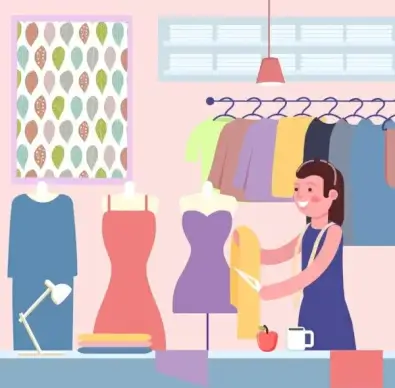 fashion work drawing female designer clothes colored cartoon