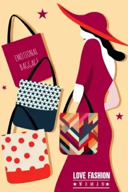 fashionable bags advertising female model icon various types