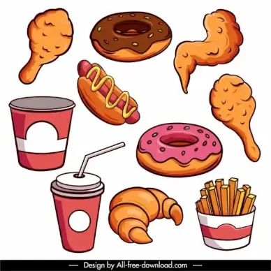 fast food design elements colored classical handdrawn sketch
