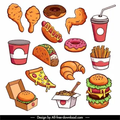 fast food design elements colorful classic handdrawn sketch