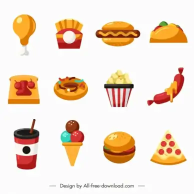 fast food icons colored flat sketch