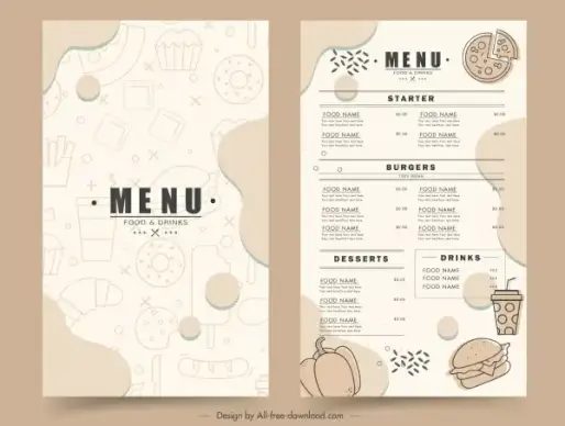 fast food menu template flat handdrawn sketch