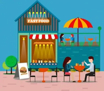 fast food restaurant drawing colorful outdoor icons