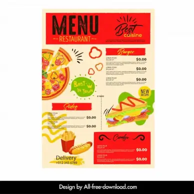 fast food restaurant menu template retro pizza hotdogs sketch