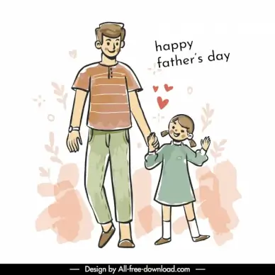 fathers day design elements dad daugher hand in hand cartoon