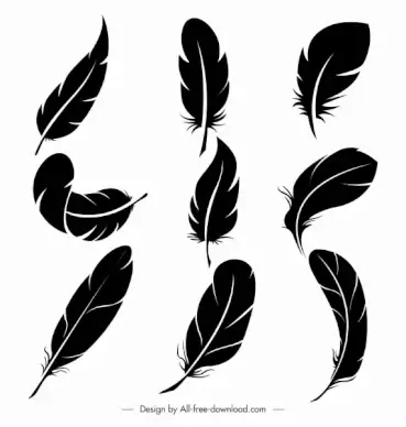 feathers icons black silhouettes handdrawn sketch