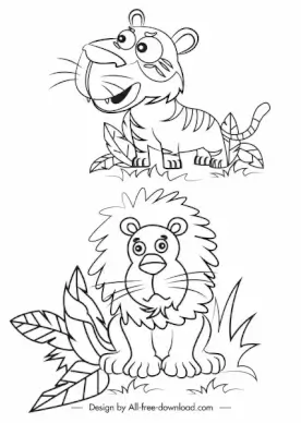 feline icons black white lion tiger handdrawn sketch