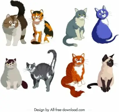 feline icons collection cute colored cartoon sketch