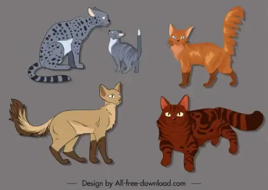 feline species icons cute cartoon sketch