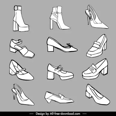 female fashion shoes collection black white hand drawn  
