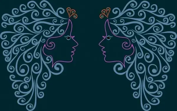 female portrait outline cartoon style symmetric curves decoration