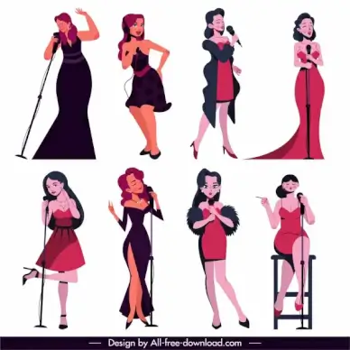 female singers icons performing sketch colored cartoon characters
