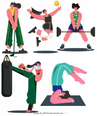female sports icons dynamic cartoon characters sketch