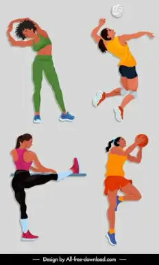 female sports icons dynamic design cartoon characters sketch