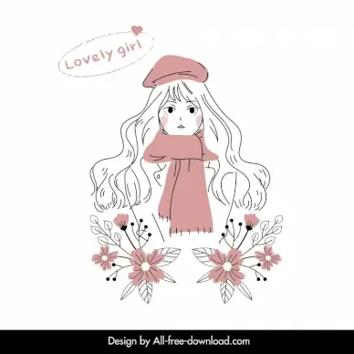 female winter fashion design elements flat handdrawn cartoon cute girl sketch