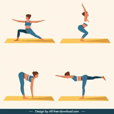 female yoga icons colored cartoon sketch