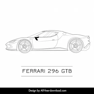 ferrari 296 gtb car model advertising template flat black white handdrawn side view outline