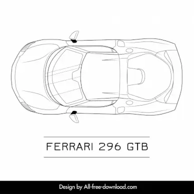 ferrari 296 gtb car model icon flat symmetric top view black white handdrawn sketch