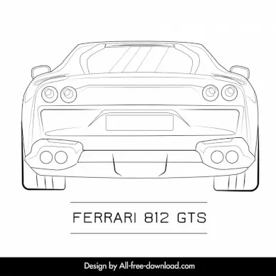 ferrari 812 gts car model advertising template flat handdrawn back view outline