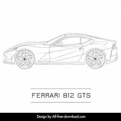 ferrari 812 gts side car model icon flat handdrawn side view outline