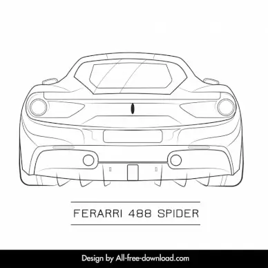 ferrarri 488 spider car model template flat black white back view sketch