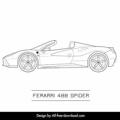 ferrarri 488 spider car model template handdrawn flat black white side view outline