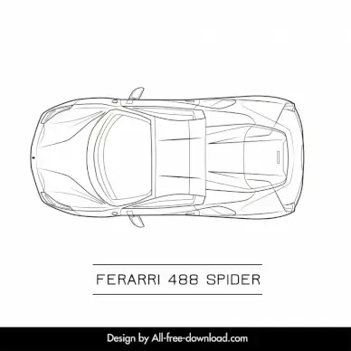 ferrarri 488 spider car model template handdrawn flat black white top view sketch symmetric design