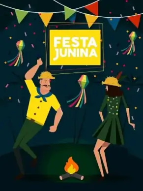 festival background dancing couple ribbons icons cartoon design