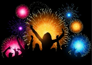 festive event background sparkling fireworks people silhouettes