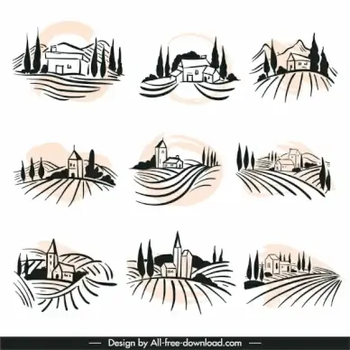 filed scenic label elements retro handdrawn outline