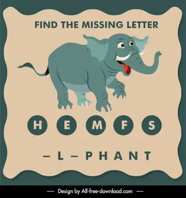 find the missing letter education template cute elephant texts blank sketch
