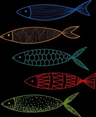 fish drawing dark colorful flat sketch