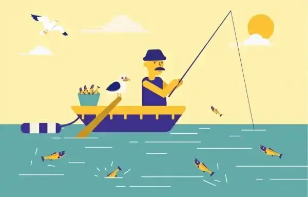 fisherman work drawing fish boat human icons