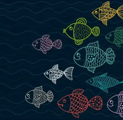 fishes drawing multicolored flat sketch