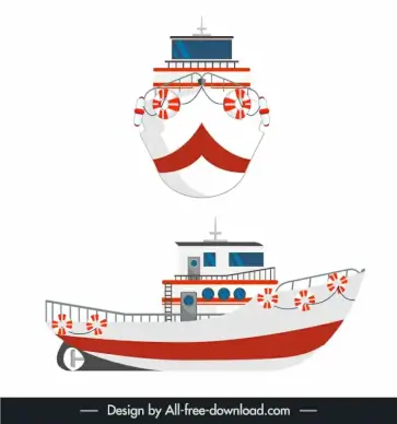 fishing boat icons bright red white side view front view sketch